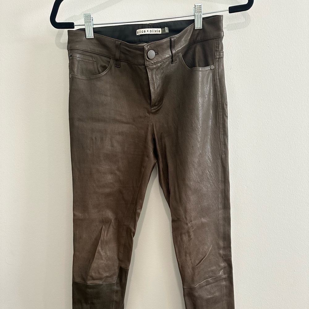 Alice and Olivia olive green leather pants